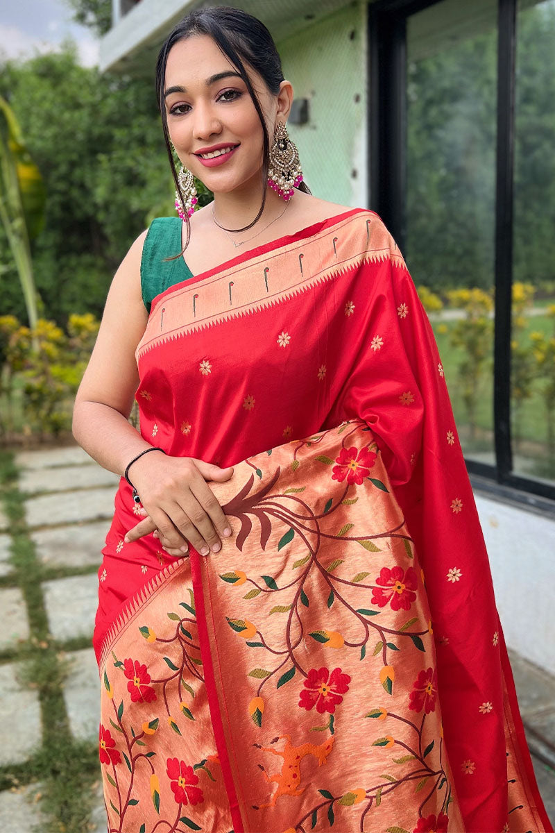 Scarlet Red Zari Woven Paithani Silk Saree