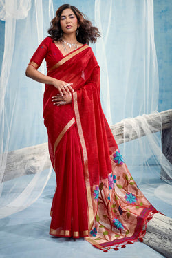 Scarlet Red Zari Woven Pure Munga Cotton saree
