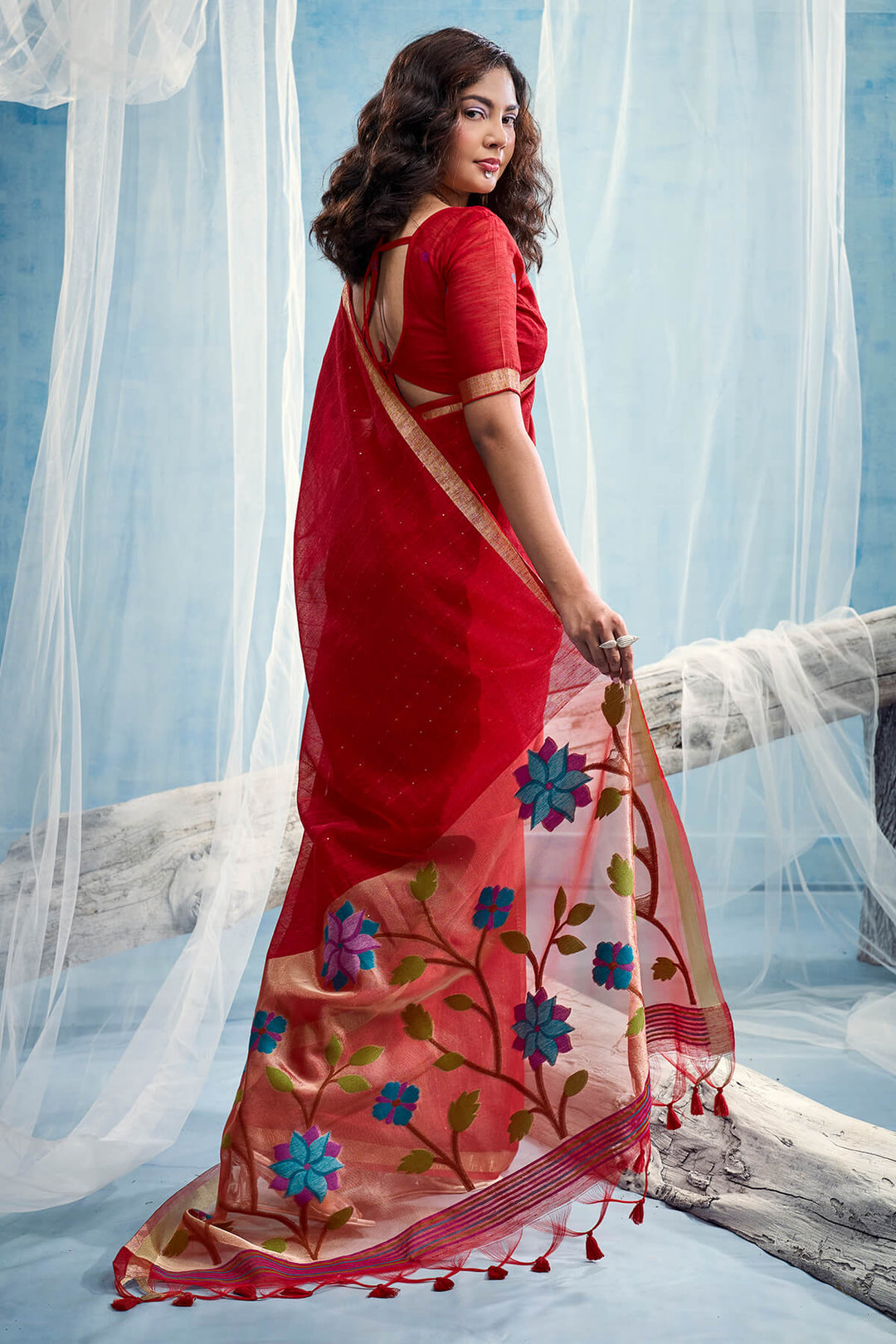 Scarlet Red Zari Woven Pure Munga Cotton saree