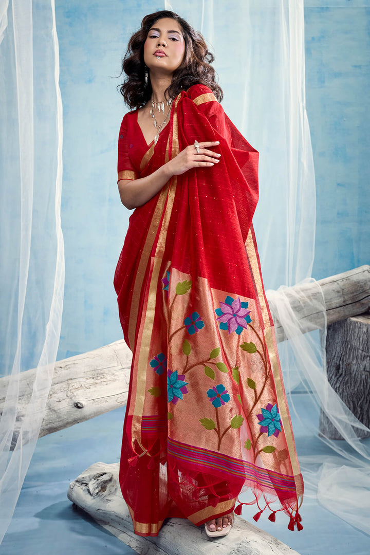 Scarlet Red Zari Woven Pure Munga Cotton saree