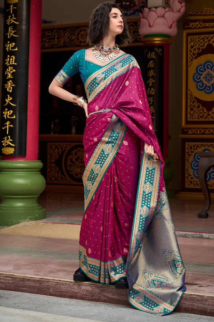 Scarlet Wine Zari Woven Soft Banarasi Silk Saree