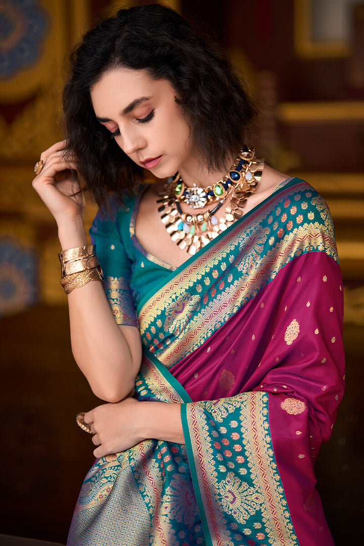 Scarlet Wine Zari Woven Soft Banarasi Silk Saree