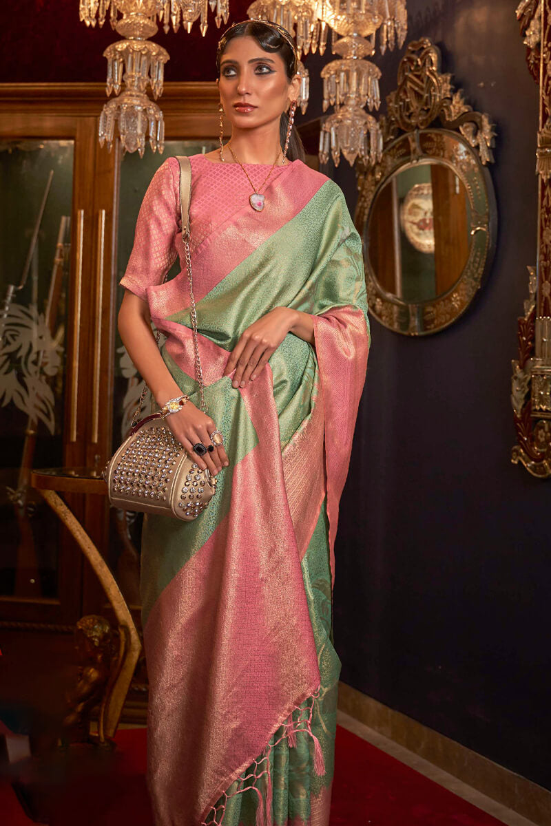 Lime Green & Pink Banarasi Soft Silk Saree With Zari Weaving Work –  Sareewave