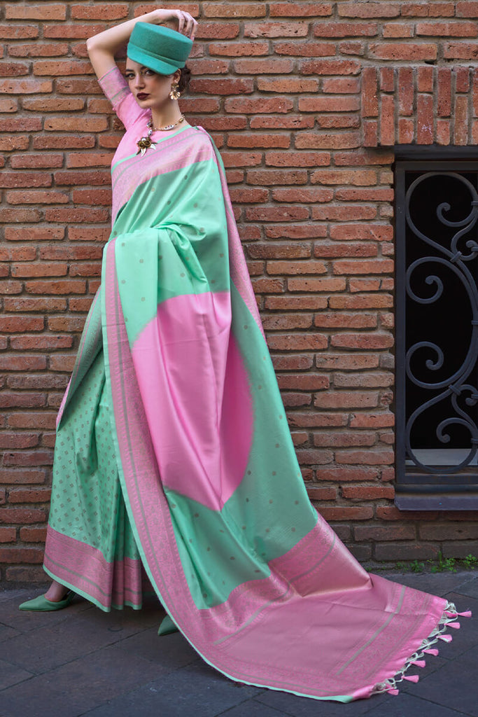 Sea Green and Pink Woven Soft Banarasi Silk Saree