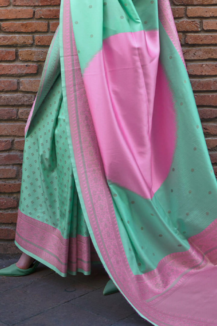 Sea Green and Pink Woven Soft Banarasi Silk Saree