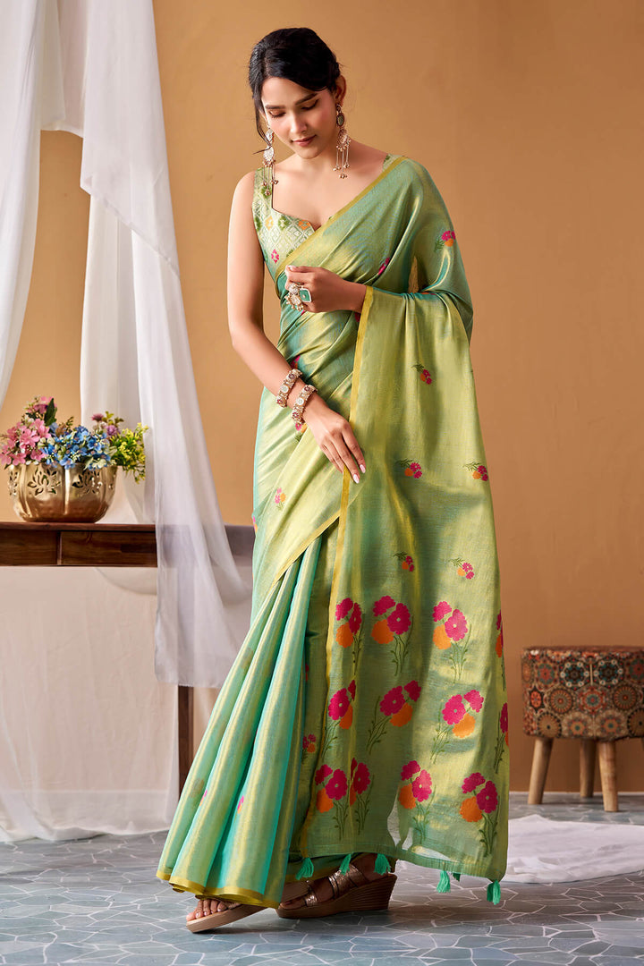 Sea Green Zari Woven Banarasi Tissue Silk Saree