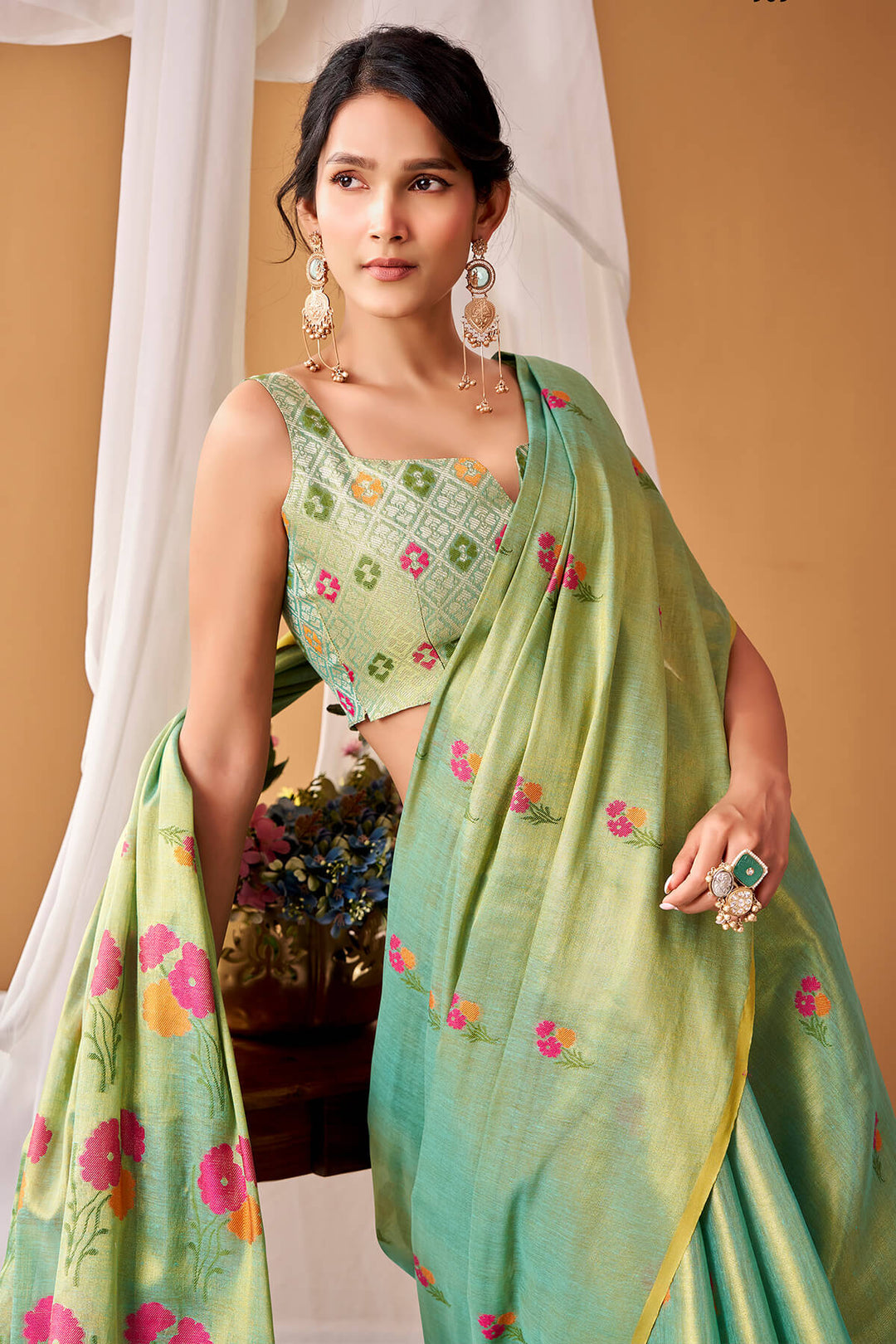 Sea Green Zari Woven Banarasi Tissue Silk Saree