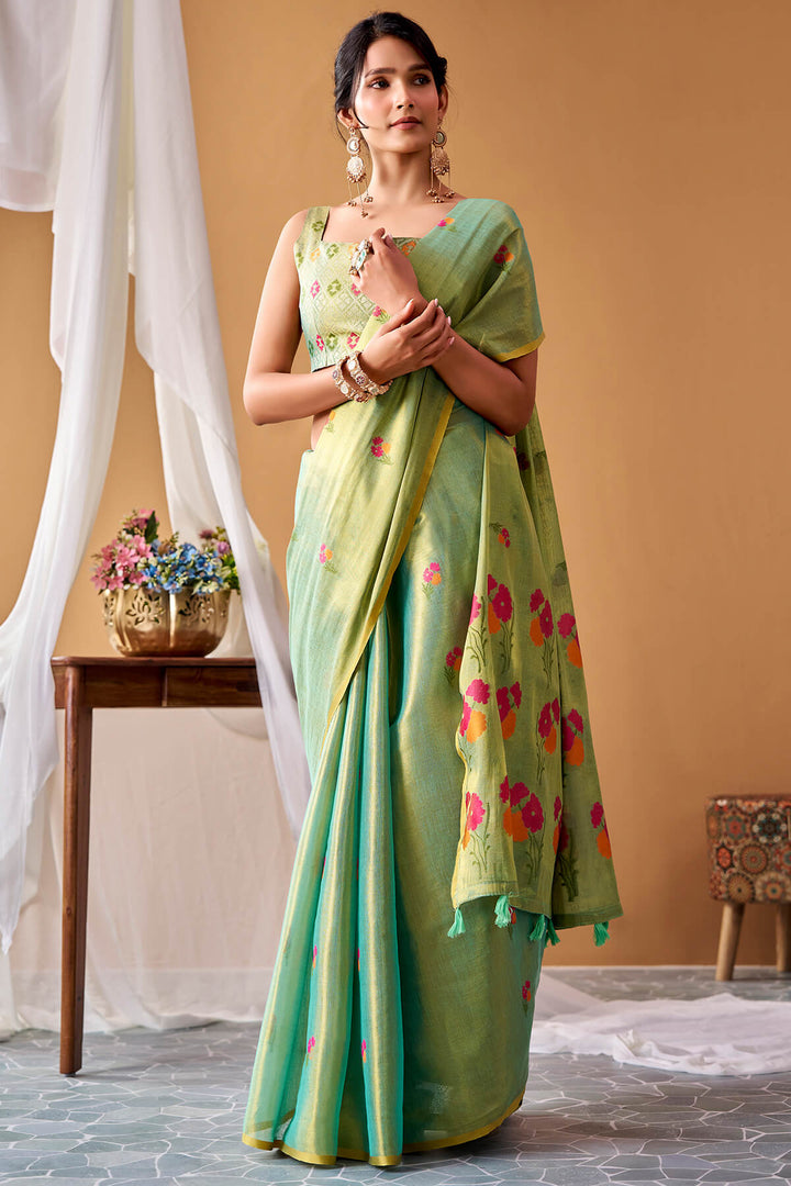 Sea Green Zari Woven Banarasi Tissue Silk Saree