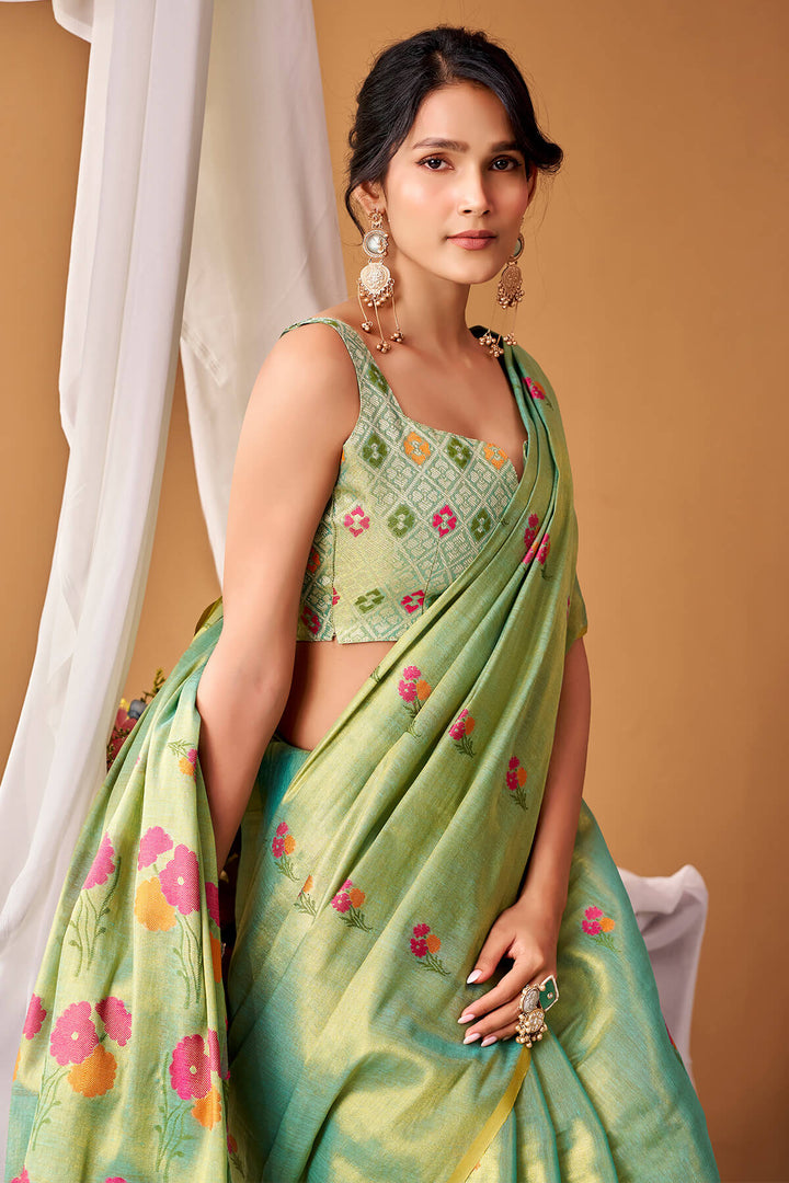 Sea Green Zari Woven Banarasi Tissue Silk Saree