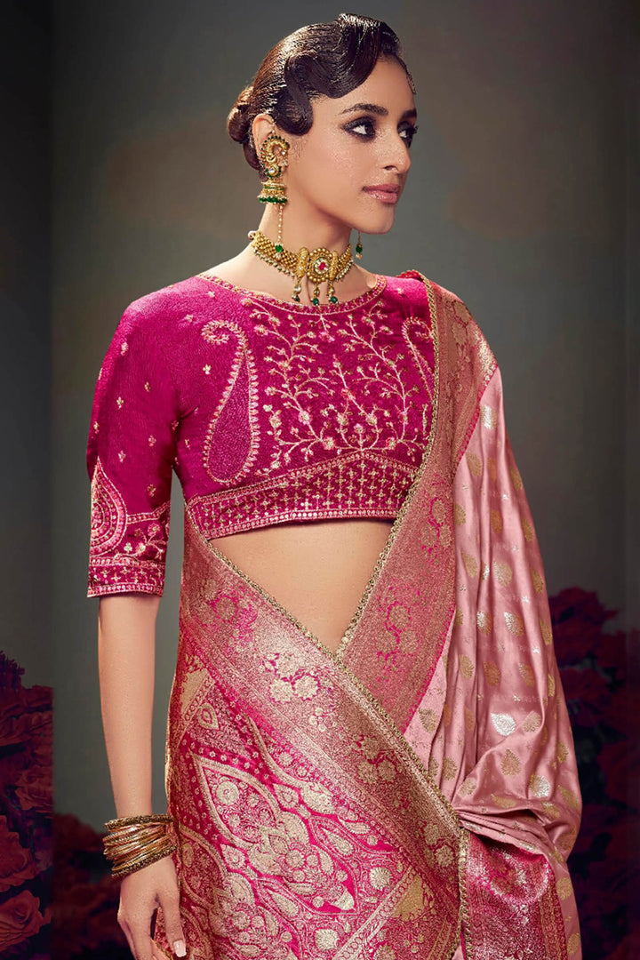 Sea Pink Banarasi Satin Silk Saree With Fancy Lace Border and Embroidery Blouse