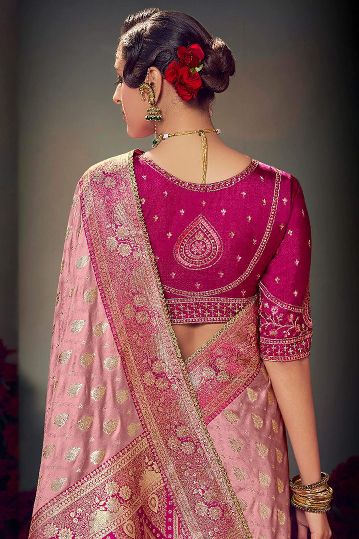 Sea Pink Banarasi Satin Silk Saree With Fancy Lace Border and Embroidery Blouse