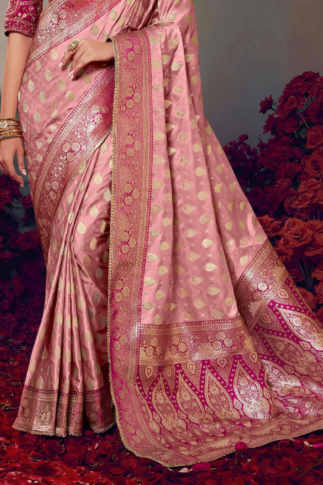 Sea Pink Banarasi Satin Silk Saree With Fancy Lace Border and Embroidery Blouse
