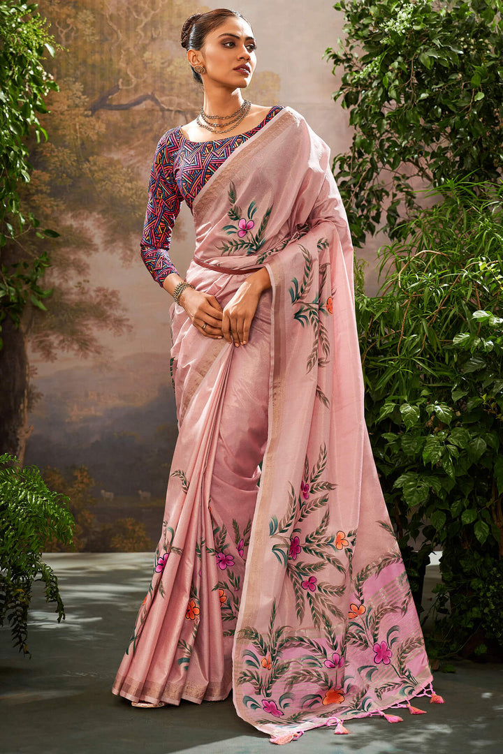 Sea Pink Brush Printed Linen Tissue Silk Saree