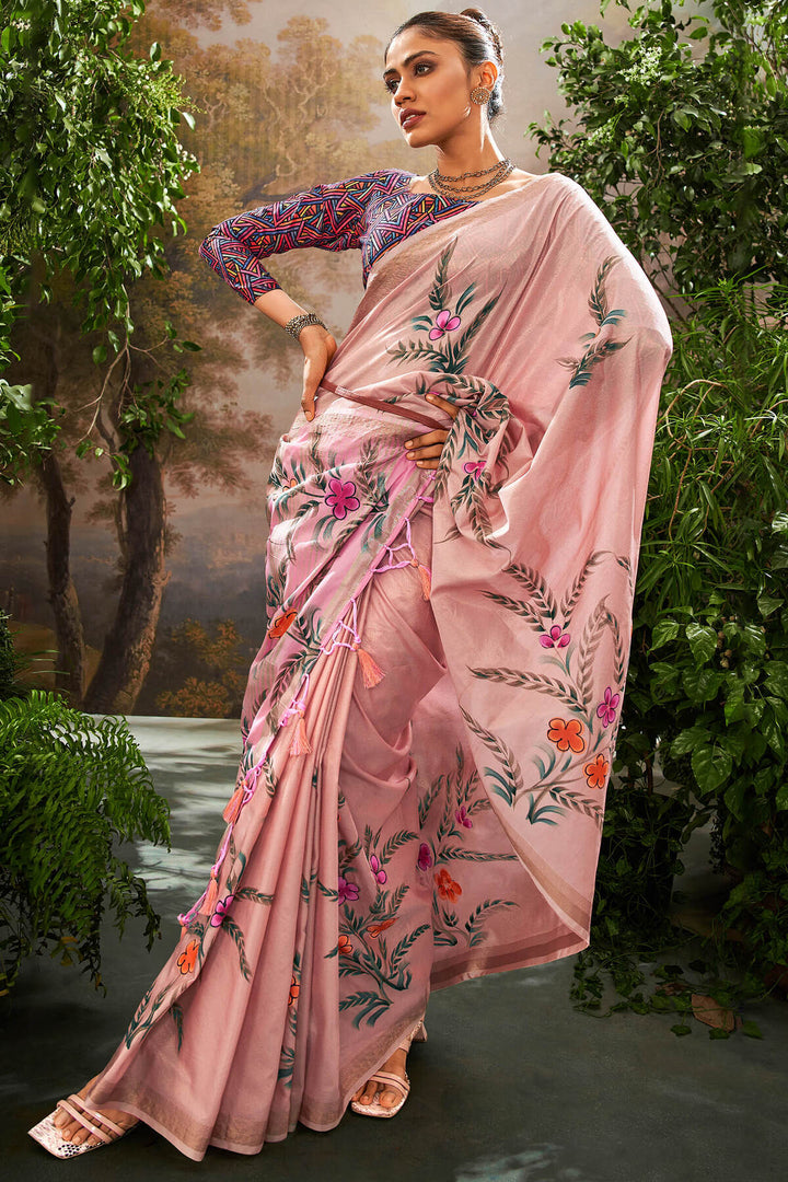 Sea Pink Brush Printed Linen Tissue Silk Saree