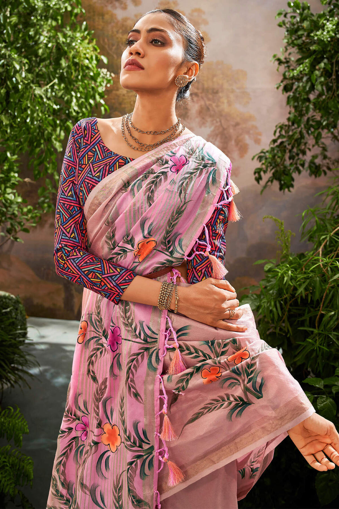 Sea Pink Brush Printed Linen Tissue Silk Saree