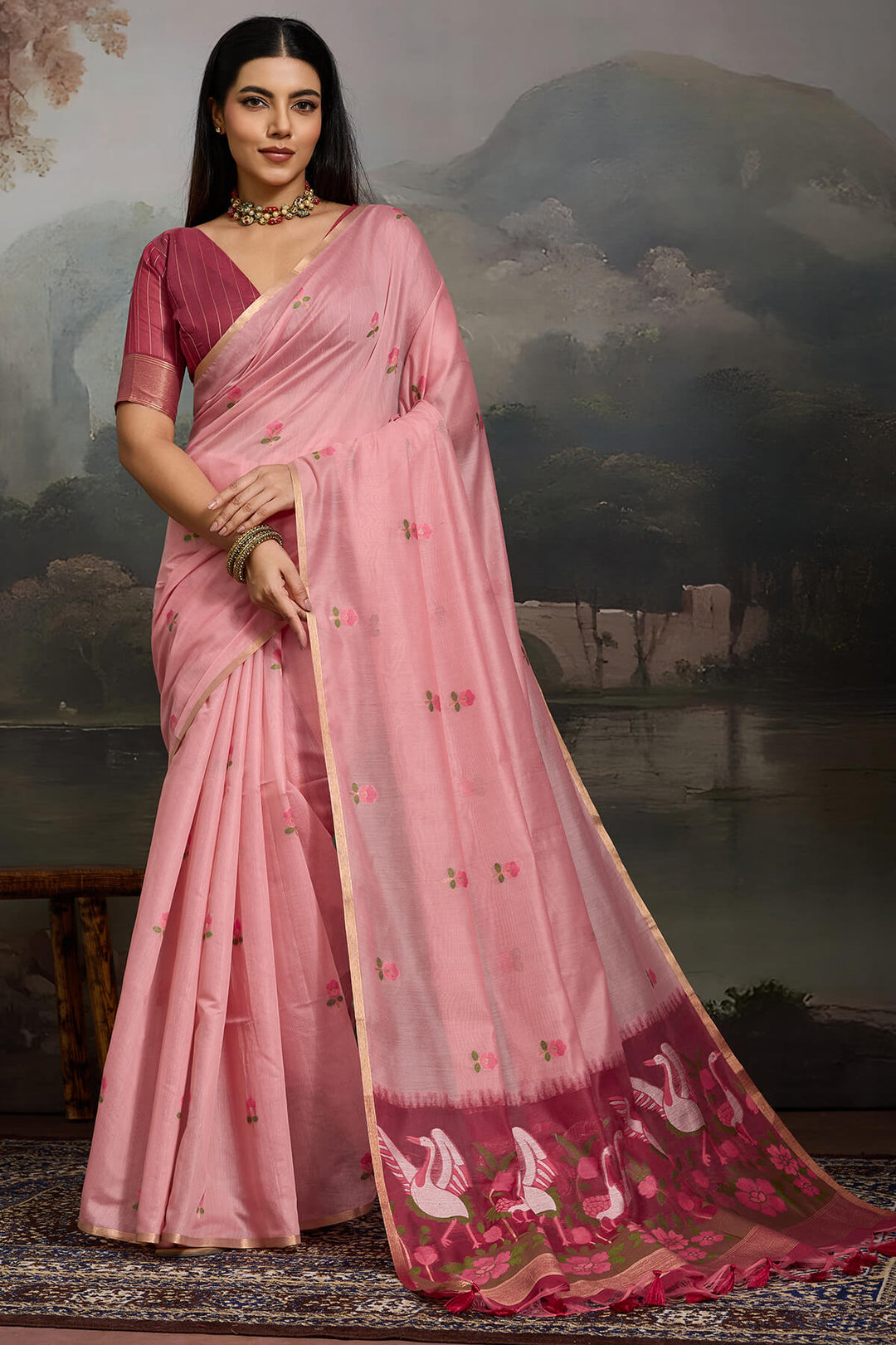 Sea Pink Handloom Spun Cotton Saree