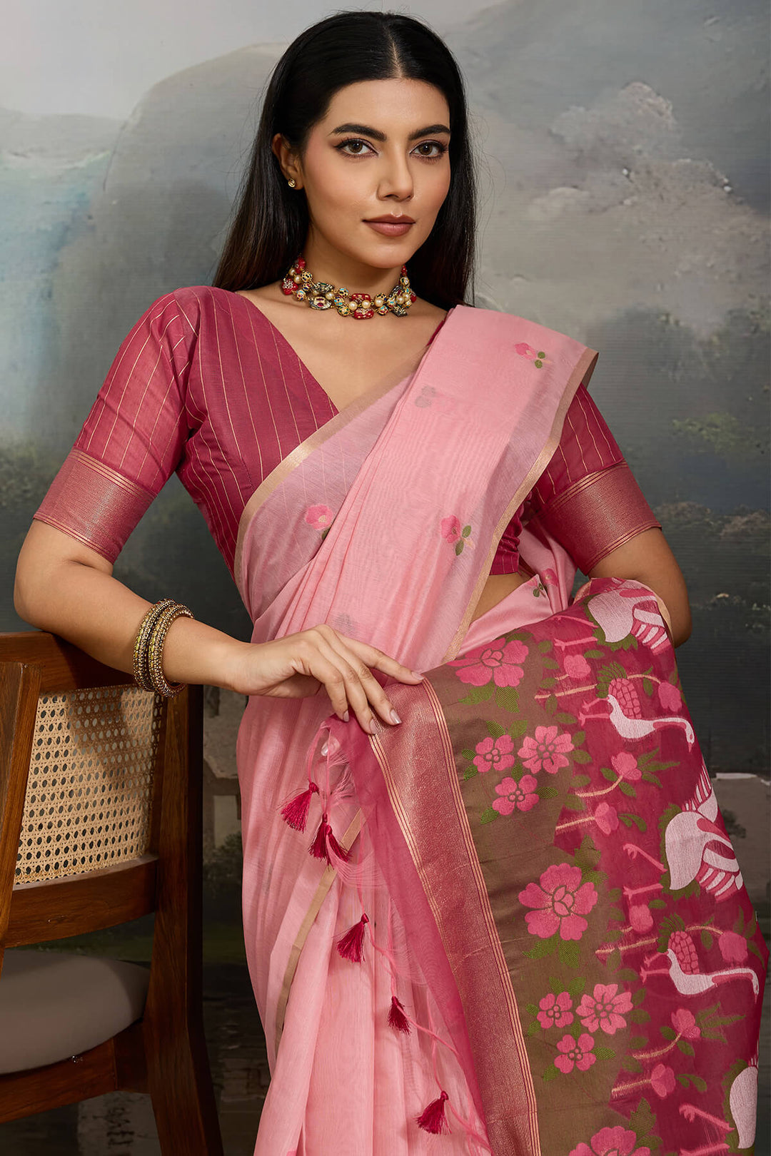 Sea Pink Handloom Spun Cotton Saree