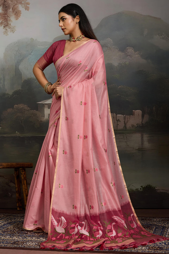 Sea Pink Handloom Spun Cotton Saree