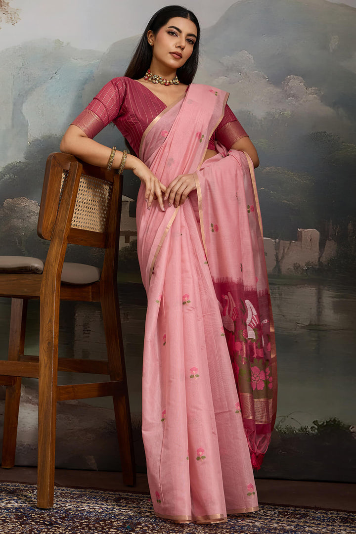 Sea Pink Handloom Spun Cotton Saree