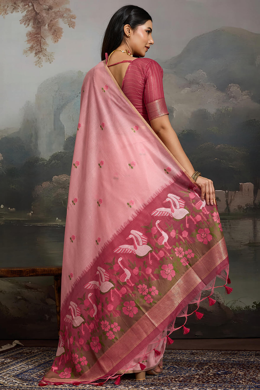Sea Pink Handloom Spun Cotton Saree