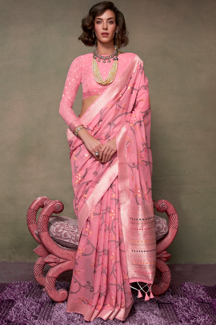 Sea Pink Jamdani Handwoven Cotton Saree