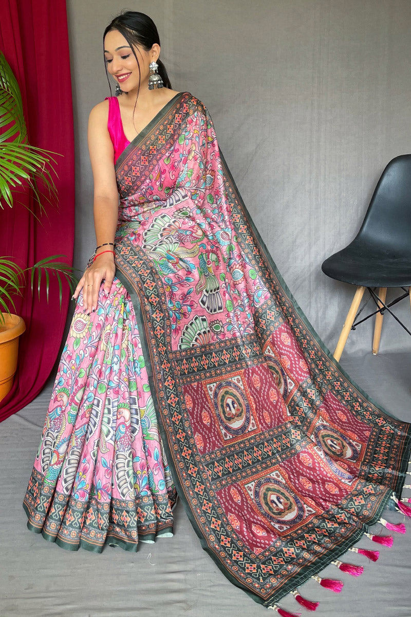 Sea Pink Kalamkari Printed Cotton Saree