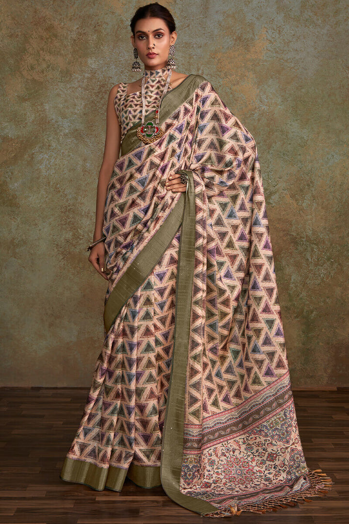 Sea Pink Printed with Sequence Soft Silk Saree