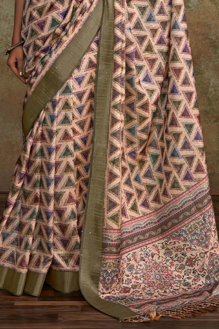 Sea Pink Printed with Sequence Soft Silk Saree