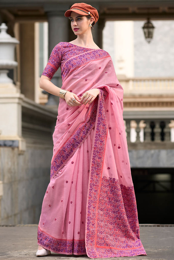 Sea Pink Woven Soft Linen Silk Saree