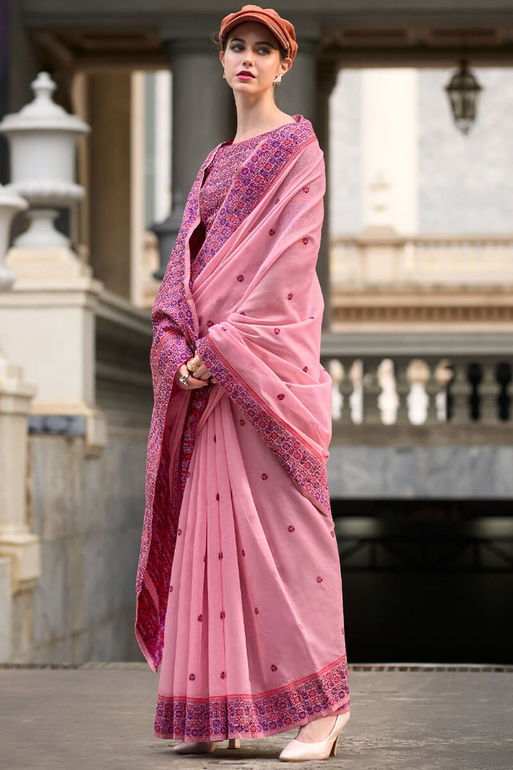 Sea Pink Woven Soft Linen Silk Saree