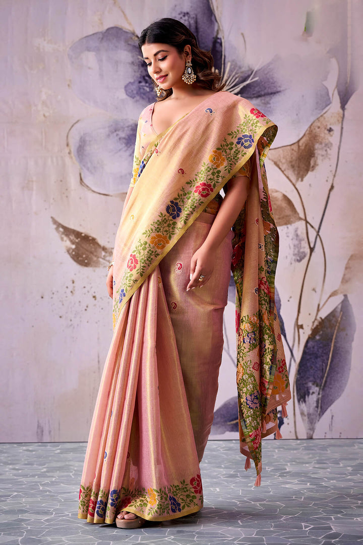 Sea Pink Zari Woven Banarasi Tissue Silk Saree