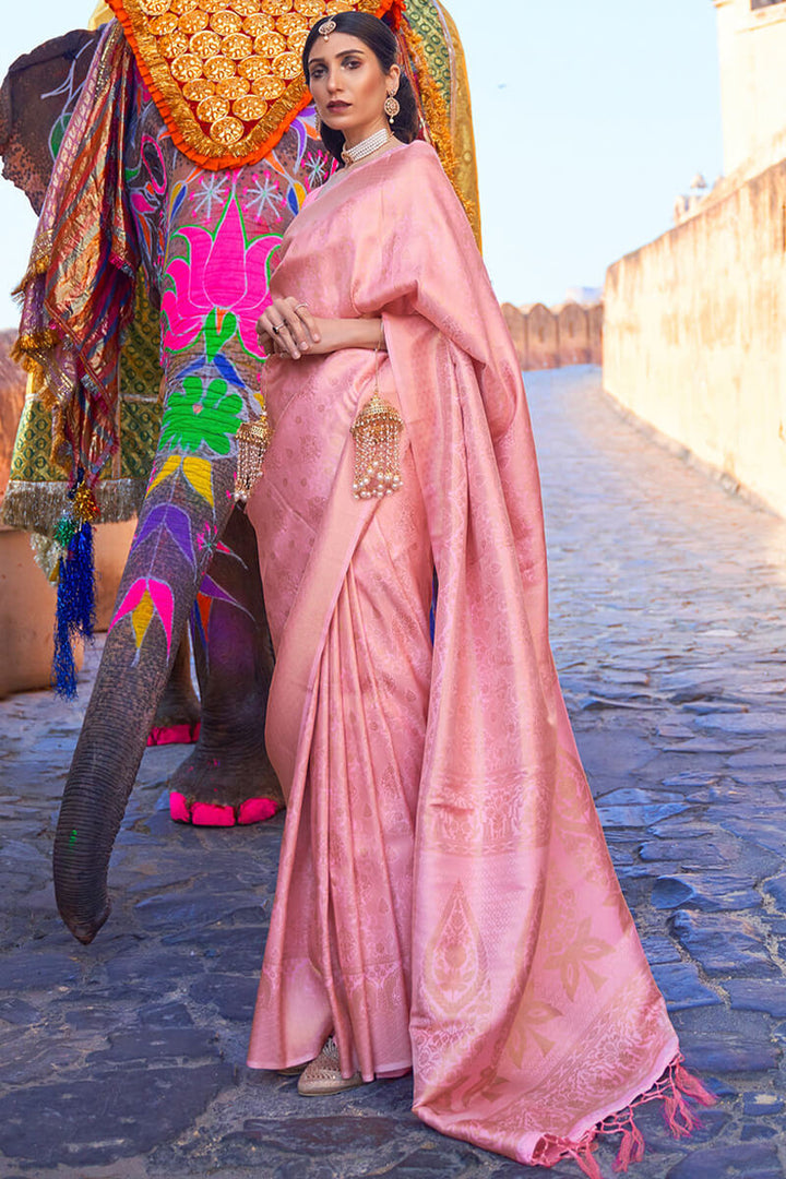 Sea Pink Zari Woven Kanjivaram Silk Saree