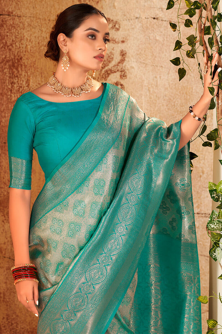 Sea Turtle Green Soft Kanjivaram Silk Saree