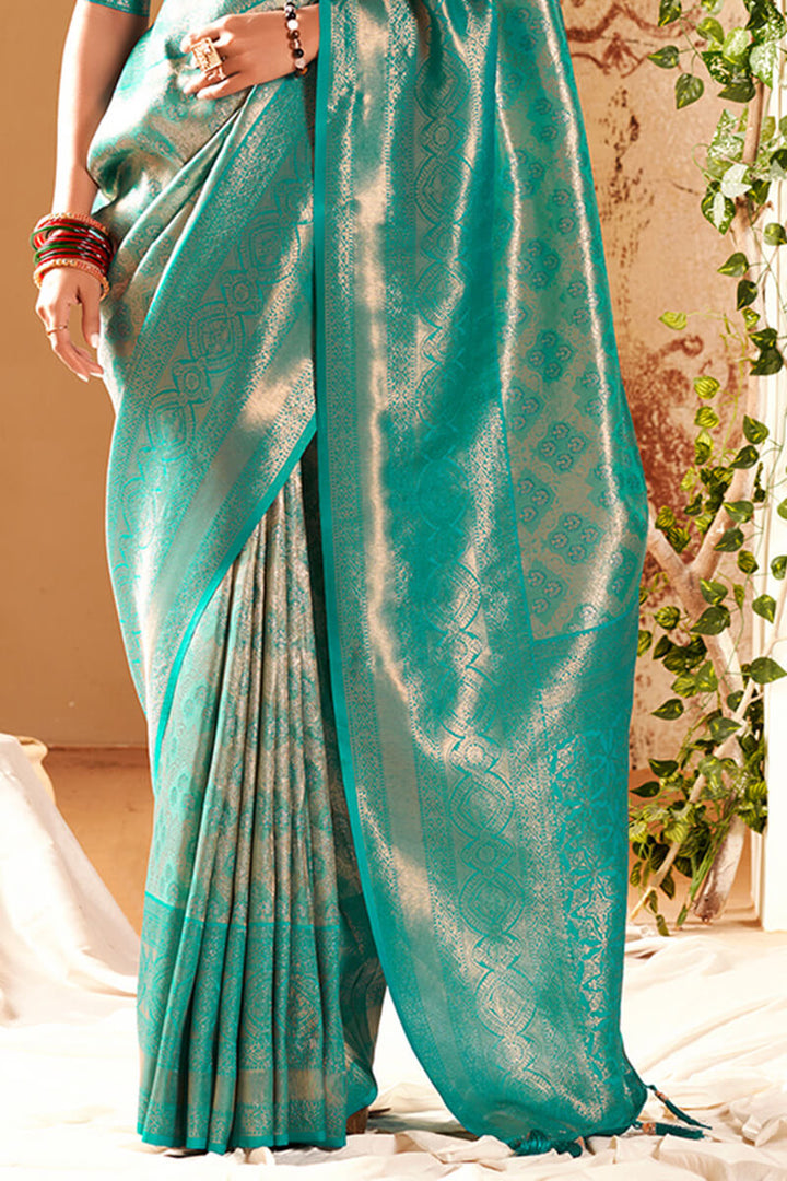 Sea Turtle Green Soft Kanjivaram Silk Saree