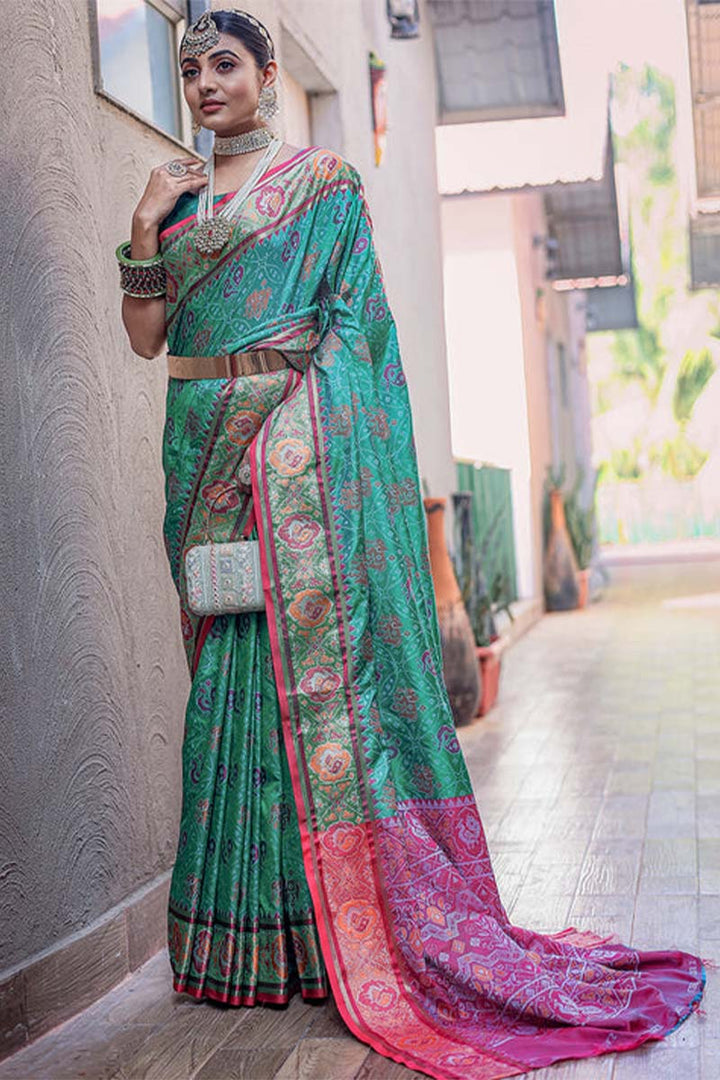 Sea Turtle Green Zari Woven Patola Silk Saree