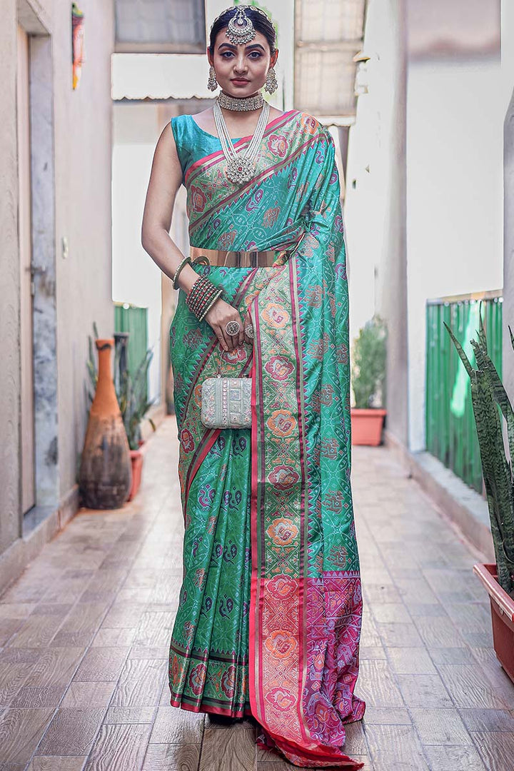 Sea Turtle Green Zari Woven Patola Silk Saree