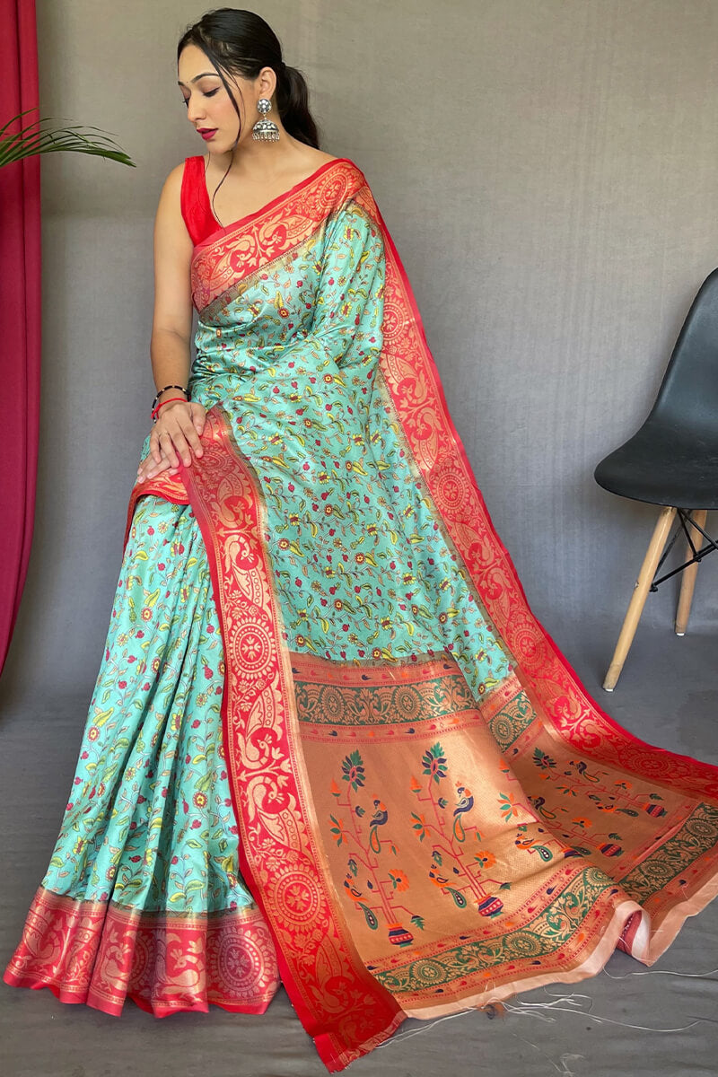 Seafoam Blue Kalamkari Printed Silk Saree