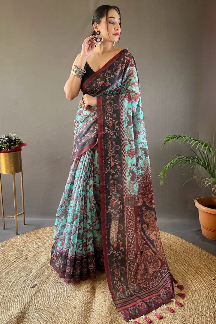 Seafoam Blue Printed Soft Silk Saree