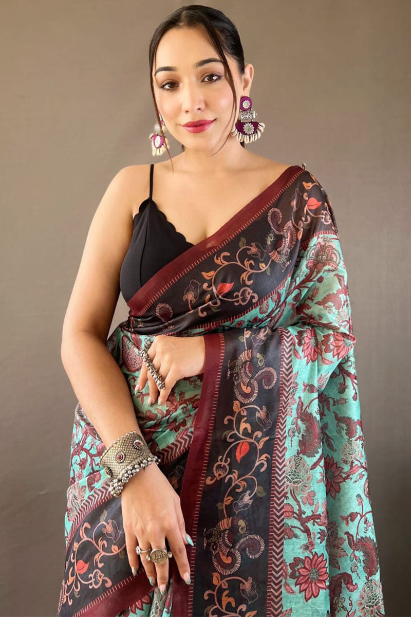 Seafoam Blue Printed Soft Silk Saree