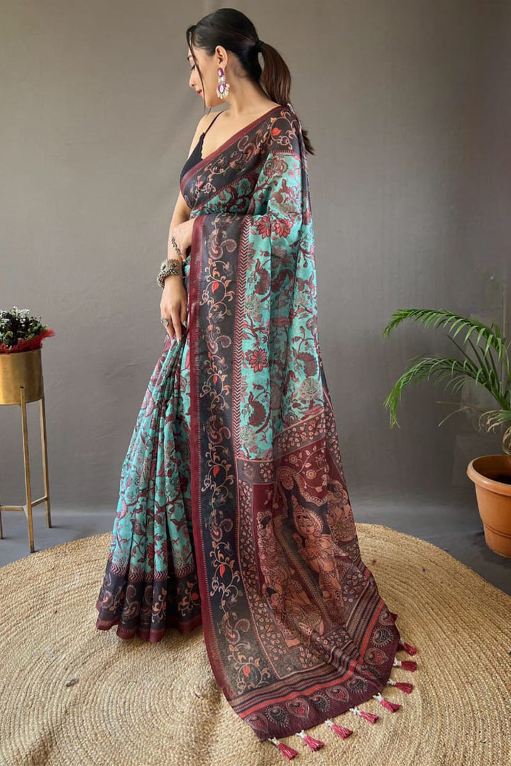 Seafoam Blue Printed Soft Silk Saree