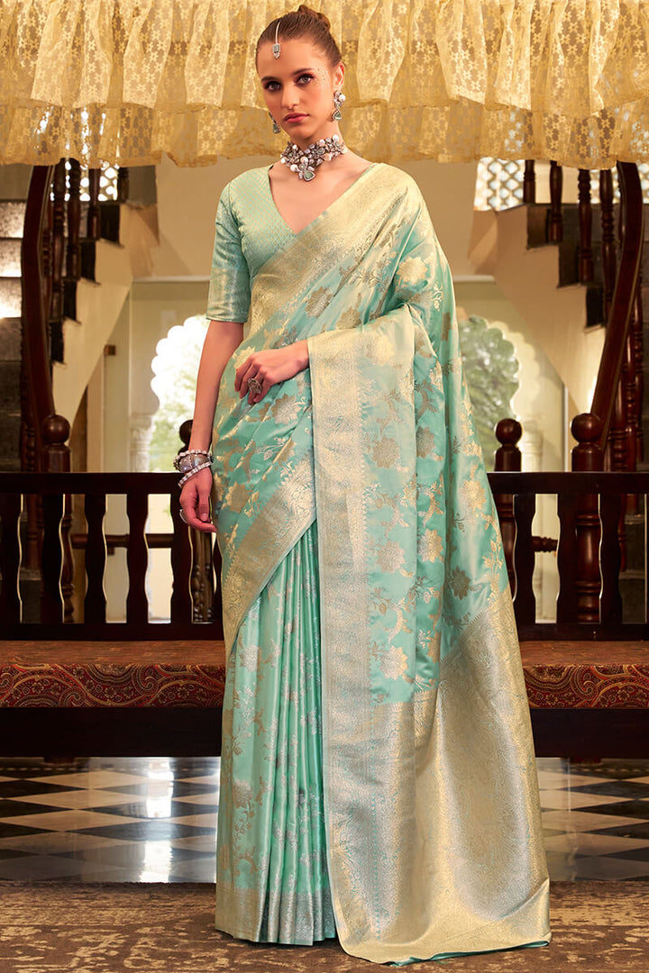 Seafoam Green Banarasi Satin Silk Saree
