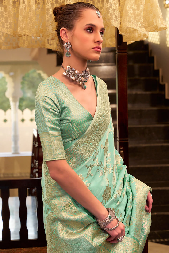 Seafoam Green Banarasi Satin Silk Saree