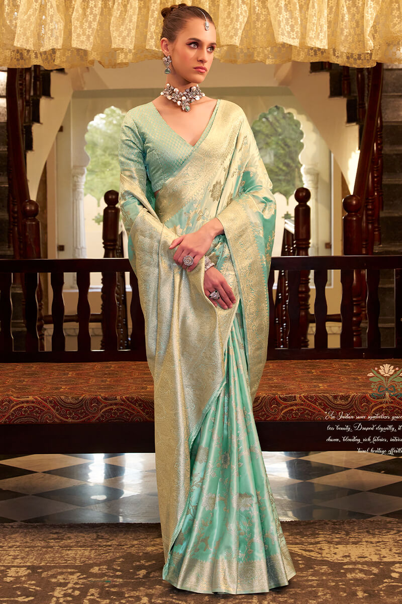 Seafoam Green Banarasi Satin Silk Saree
