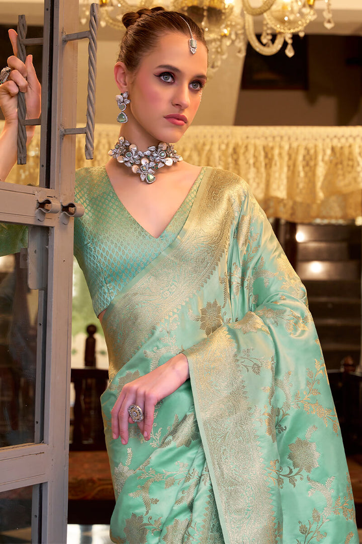 Seafoam Green Banarasi Satin Silk Saree