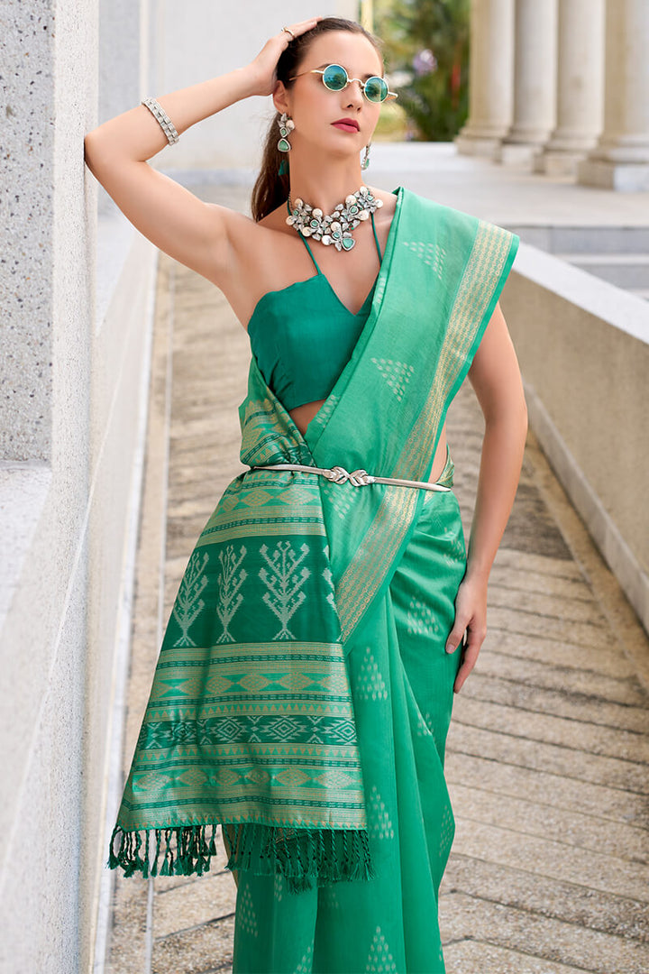 Seafoam Green Banarasi Soft Silk Saree