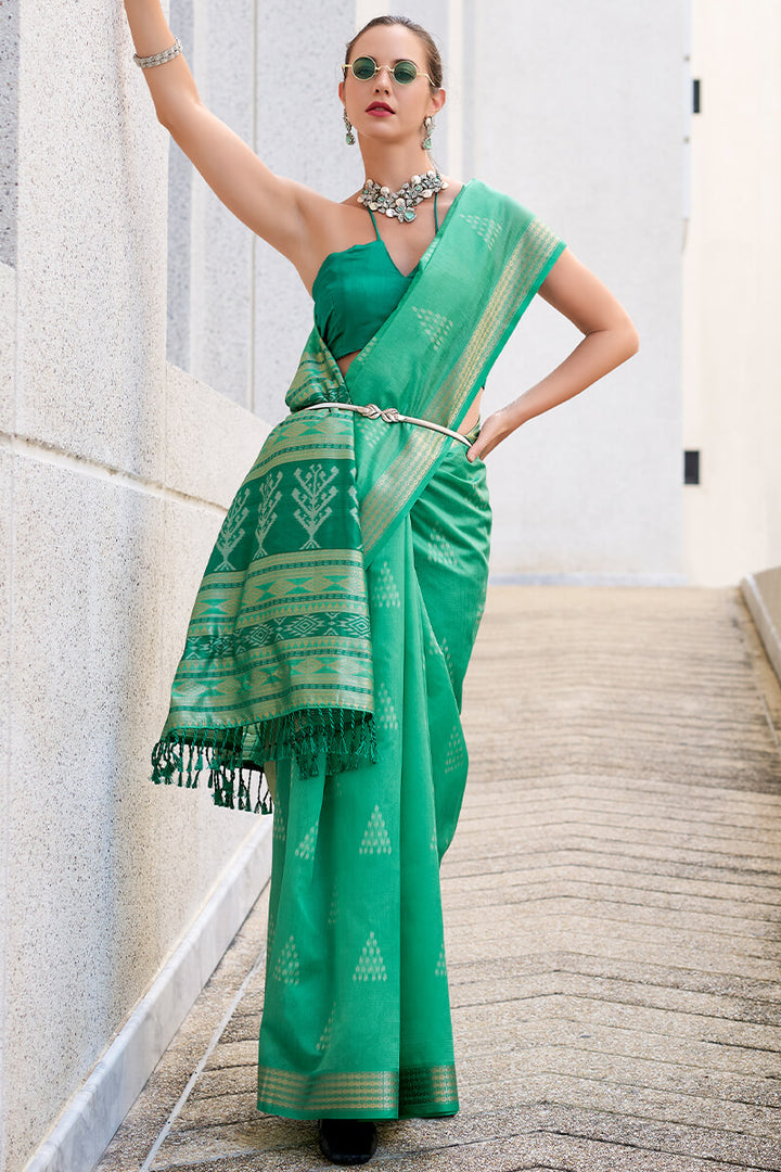 Seafoam Green Banarasi Soft Silk Saree