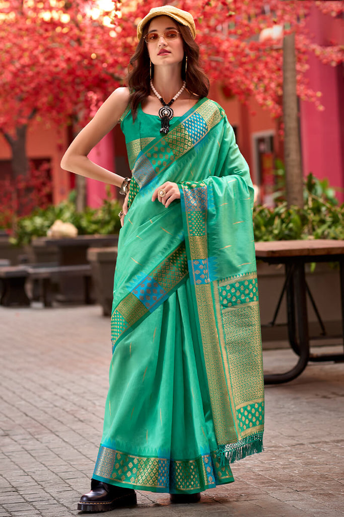 Seafoam Green Woven Soft Banarasi Silk Saree