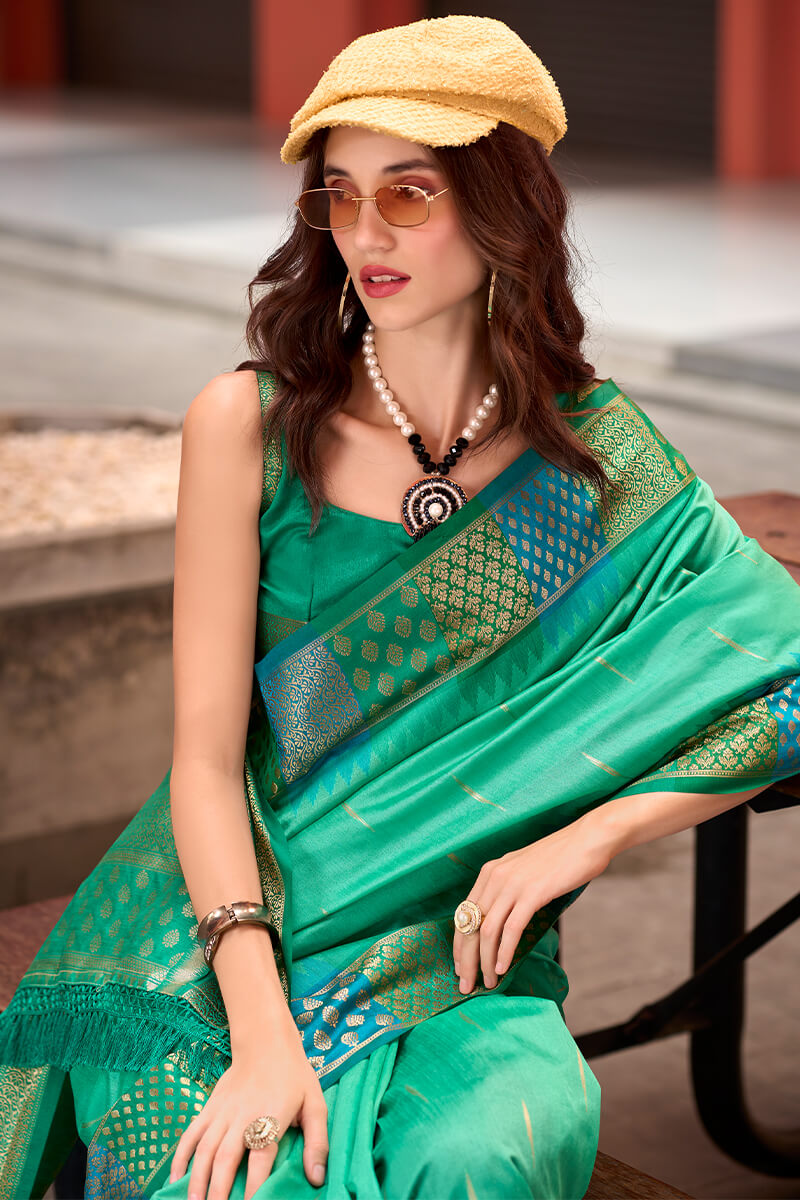 Seafoam Green Woven Soft Banarasi Silk Saree