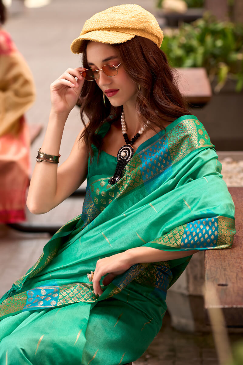 Seafoam Green Woven Soft Banarasi Silk Saree