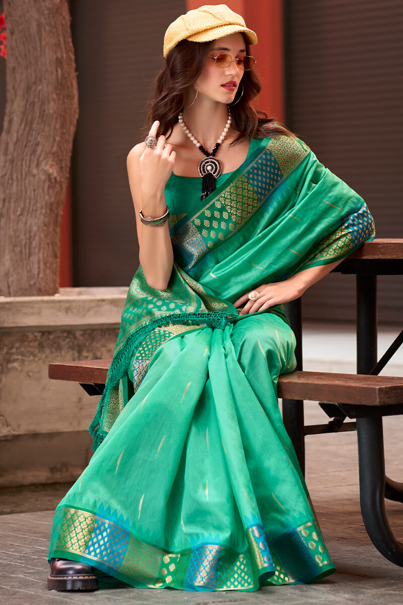 Seafoam Green Woven Soft Banarasi Silk Saree